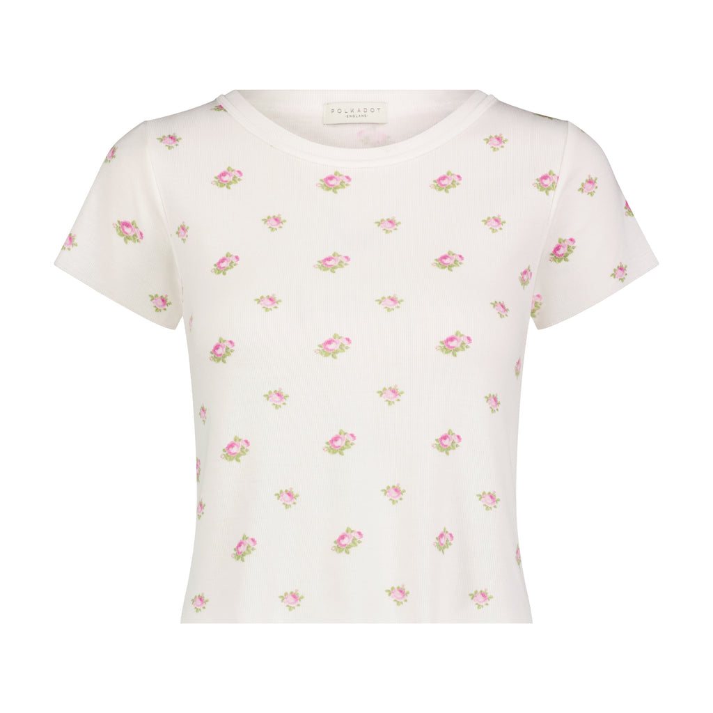 Polkadot BABY CROP TEE - Cream Vintage Rose Print