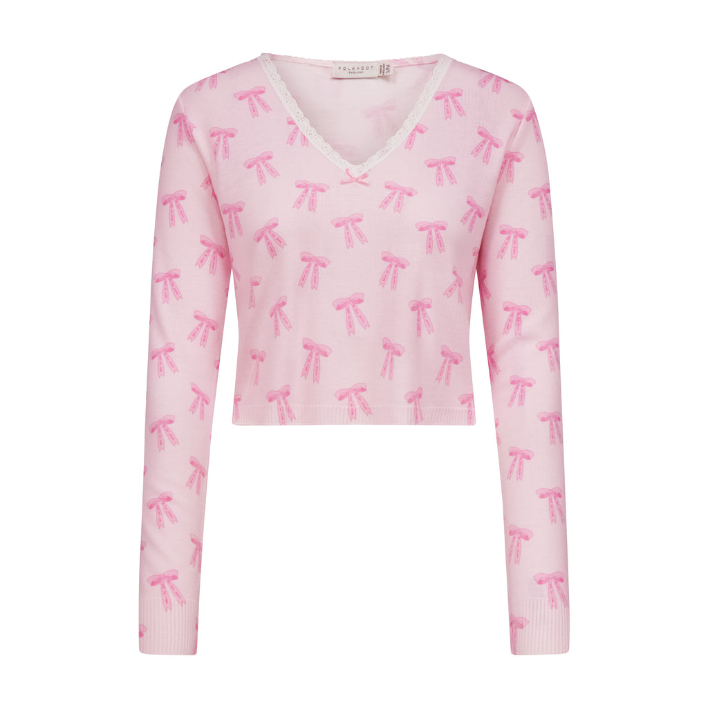 Polkadot CROP V SLOUCHY Long Sleeve - Pink Forever Love Bow Print