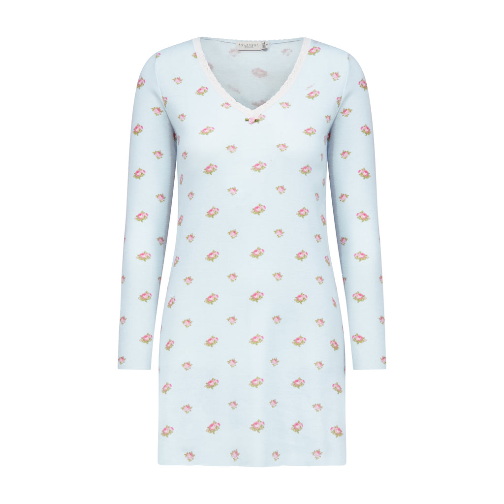 Polkadot CHEMISE V Long Sleeve - Blue Ciel Rose Print