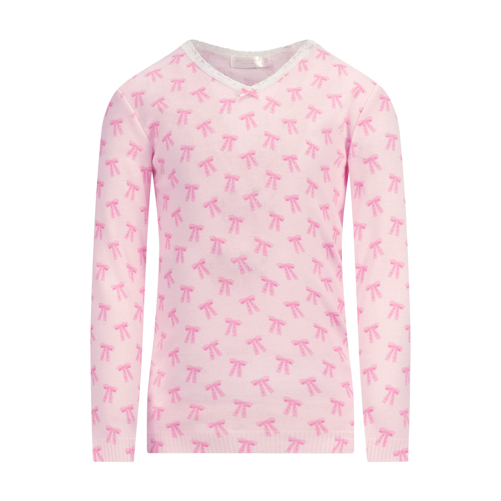 Polkadot GIRLS V NECK Long Sleeve - Pink Forever Love Bow Print