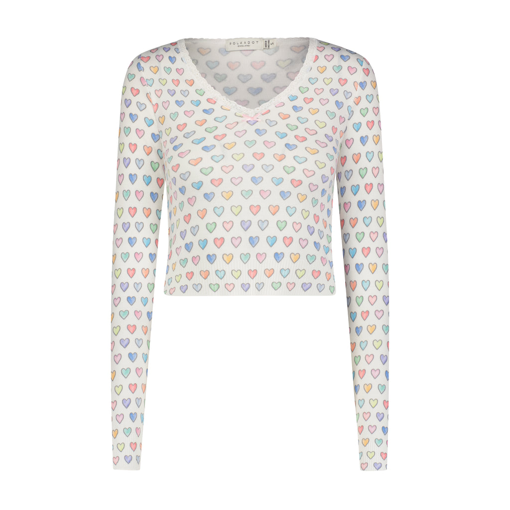 Polkadot BARBIE CROP V Long Sleeve - Rainbow Hearts Print
