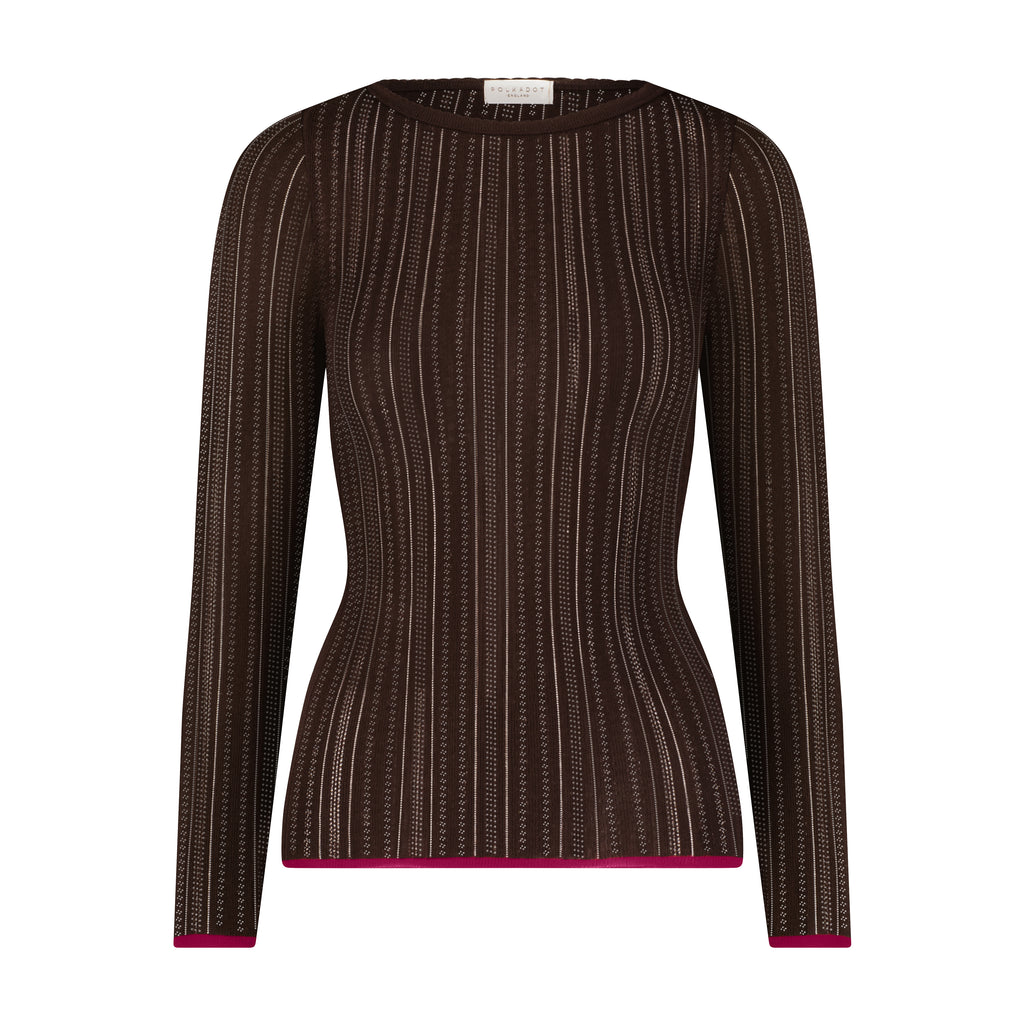 Polkadot VAL CREW Fitted Long Sleeve - Brown Windsor Pointelle w Mulberry Border