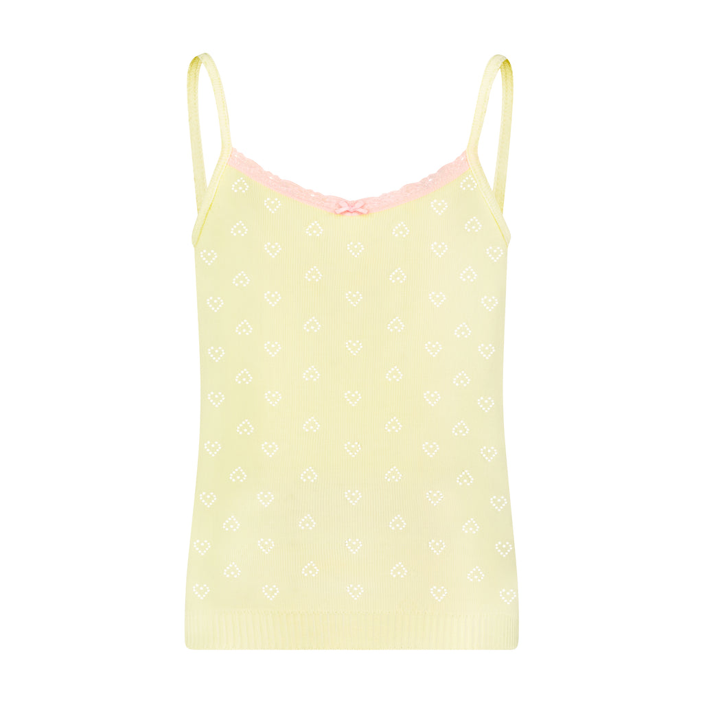 Polkadot GIRLS CAMISOLE Lemon Yellow Vintage Hearts w Pink Lace