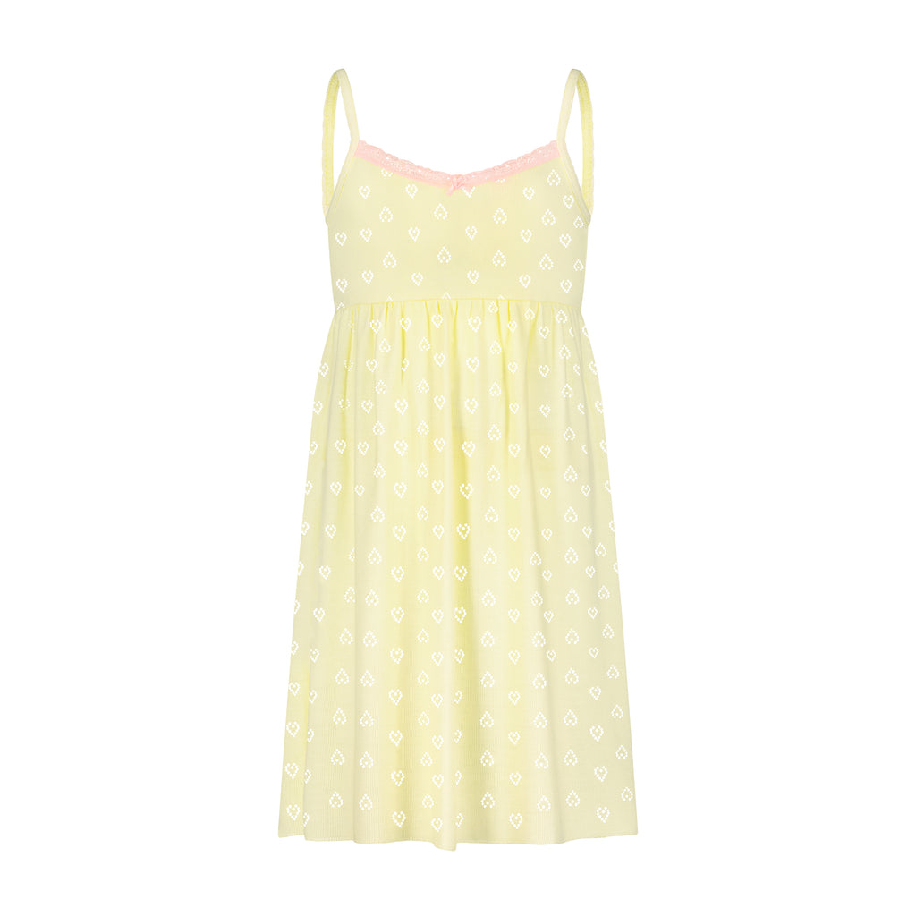 Polkadot GIRLS BABYDOLL GOWN Lemon Yellow Vintage Hearts w Pink Lace