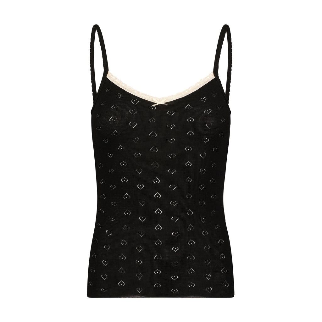 Polkadot PATTI CAMI - Black Hearts Pointelle w Ecru Lace