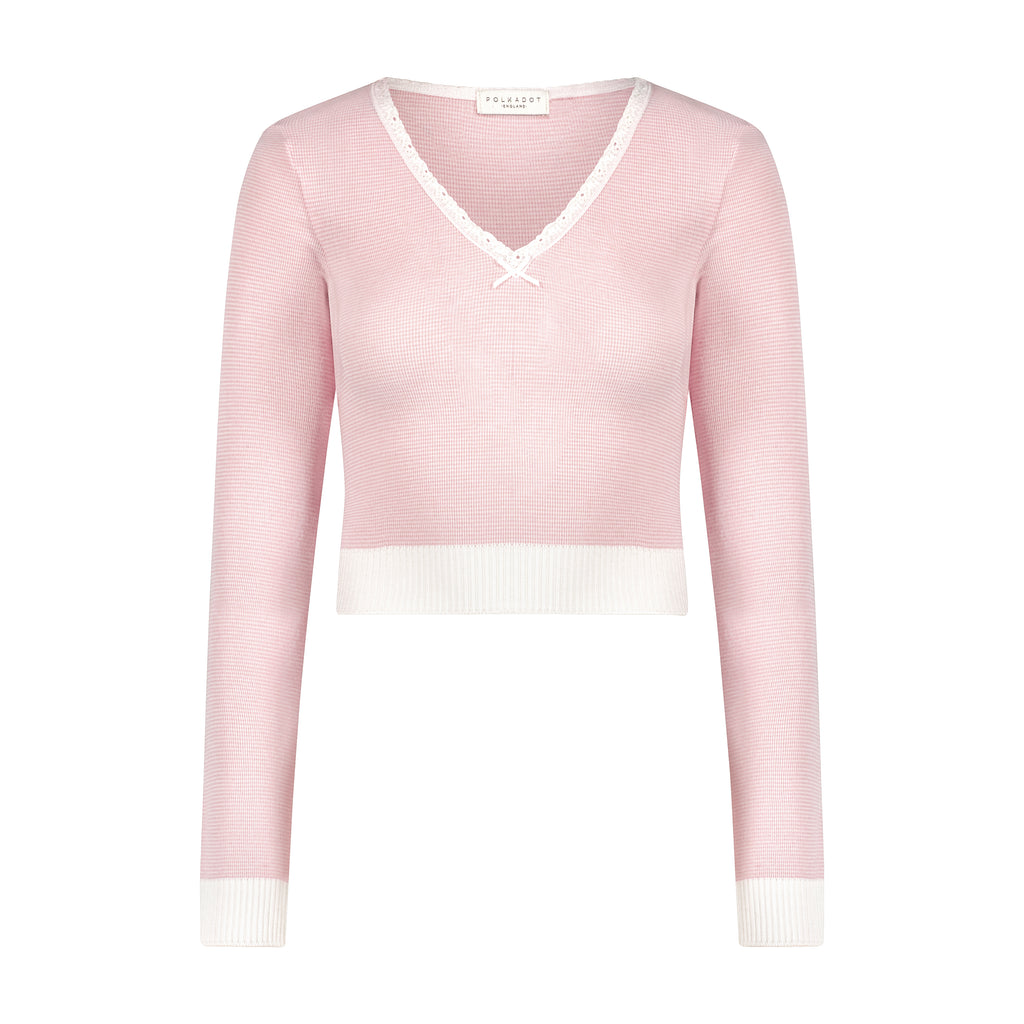 Polkadot BARBIE CROP V Long Sleeve - Pink Narrow Hampton Stripe
