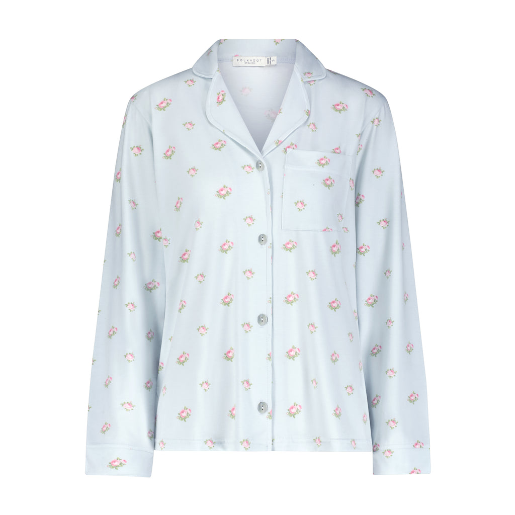 Polkadot CHARLEY Pajama Set - Blue Ciel Rose Print -Longer Top