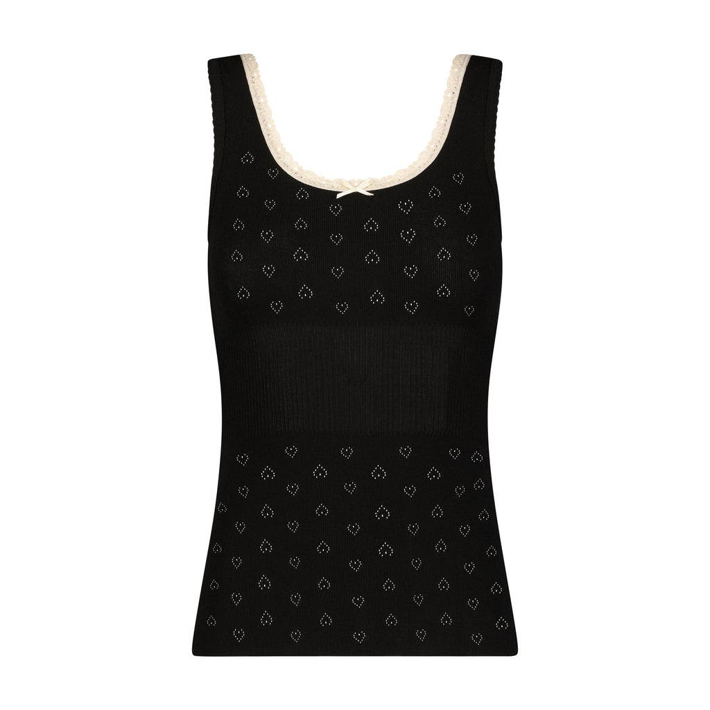 Polkadot CHARLOTTE TANK - Black Hearts Pointelle w Ecru Lace