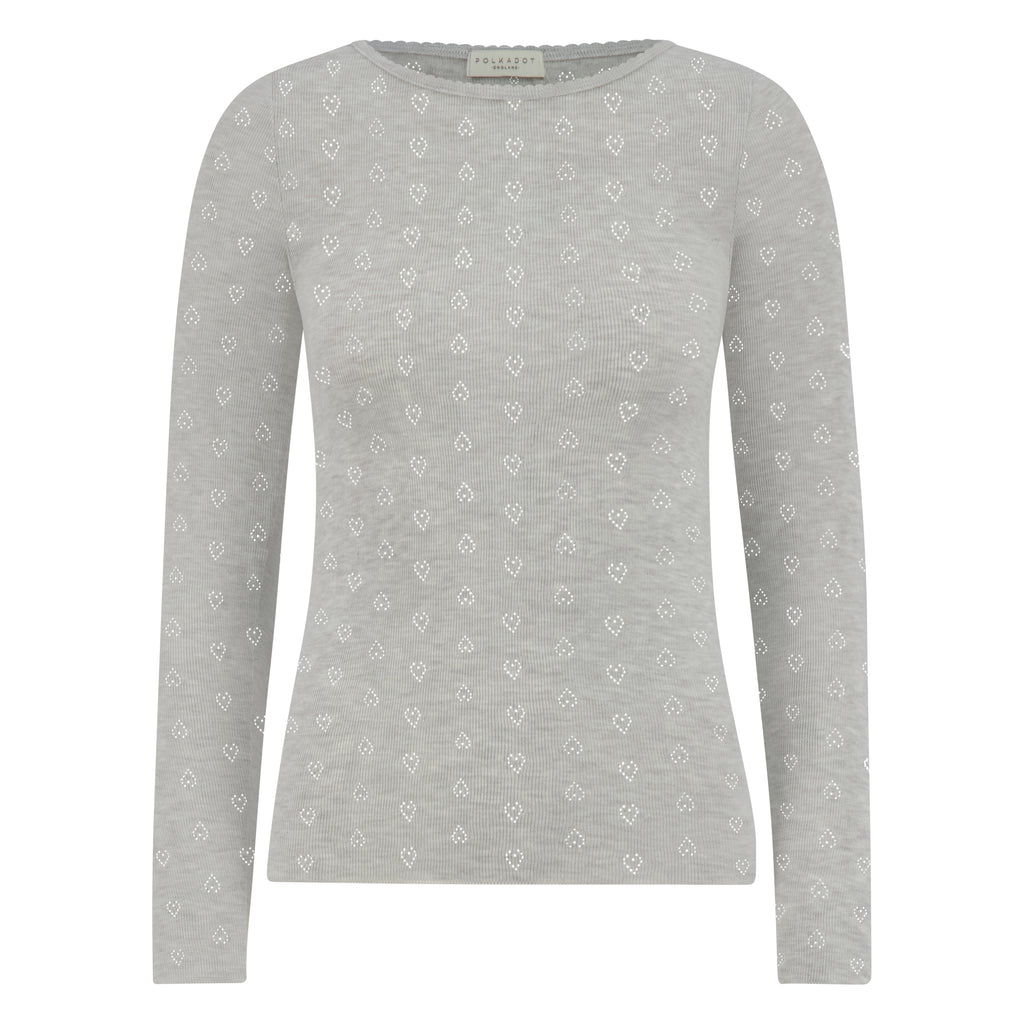 Polkadot VAL CREW Fitted Long Sleeve - Heather Grey Hearts Pointelle