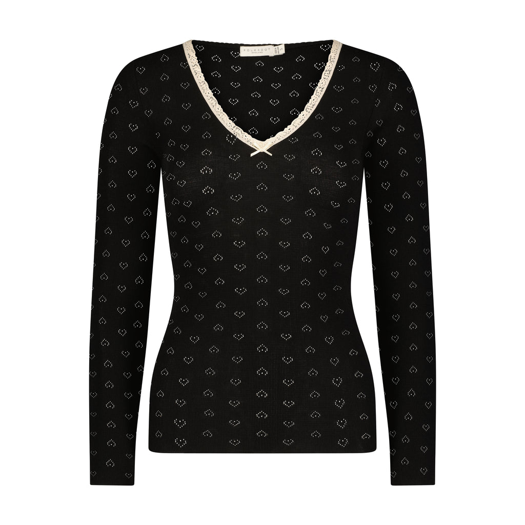Polkadot V NECK Fitted Long Sleeve - Black Hearts Pointelle w Ecru Lace