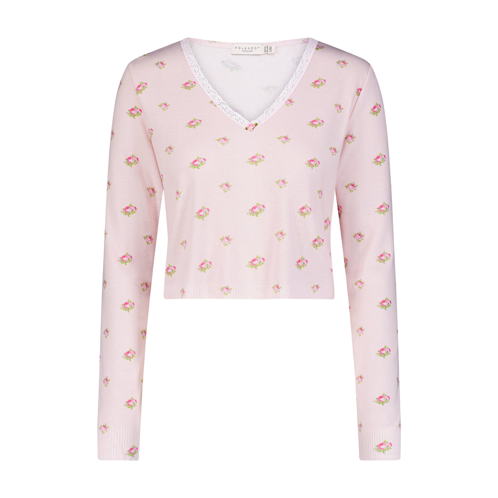 Polkadot CROP V SLOUCHY Long Sleeve - Pink Vintage Rose Print