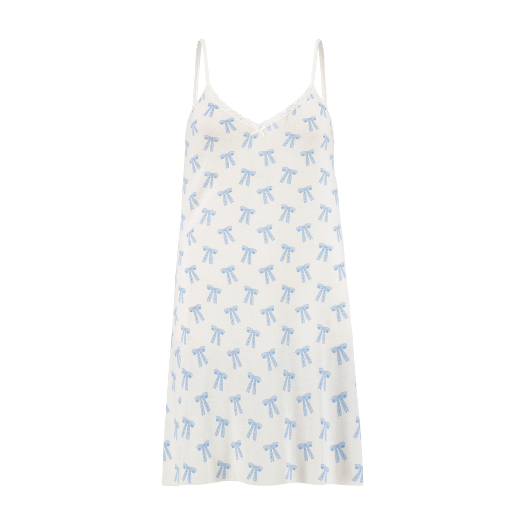 Polkadot A LINE SHORT GOWN - Blue Forever Love Bow Print