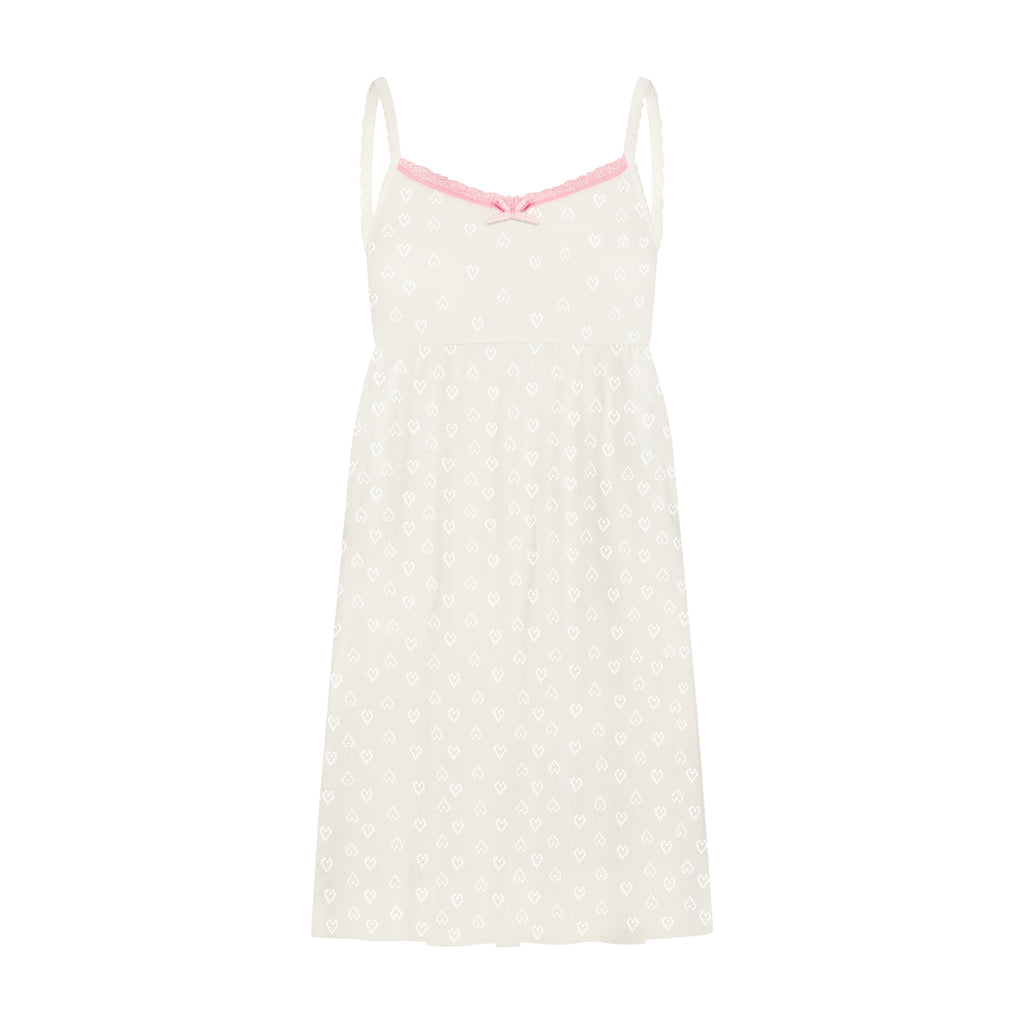 Polkadot BABYDOLL GOWN - Ivory Hearts Pointelle w Pink Lace