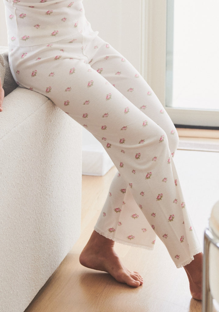 Polkadot LONG PANT - Cream Vintage Rose Print