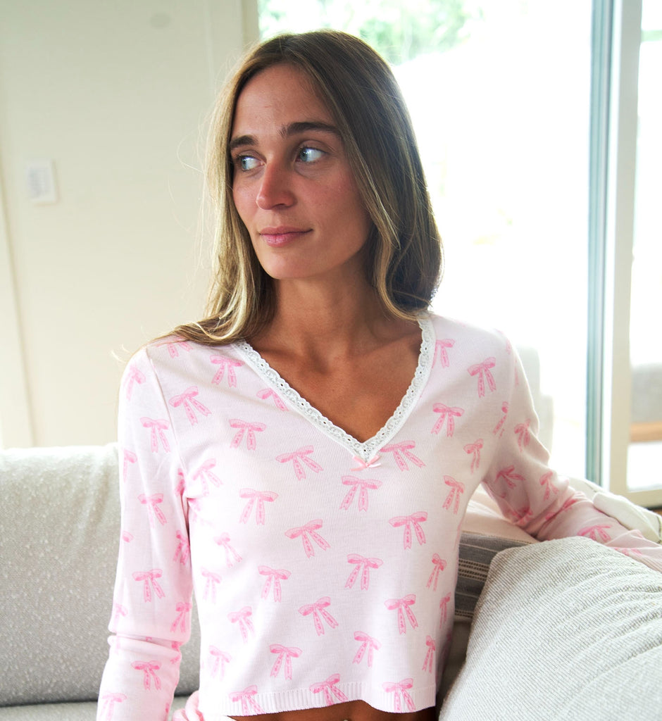 Polkadot CROP V SLOUCHY Long Sleeve - Pink Forever Love Bow Print