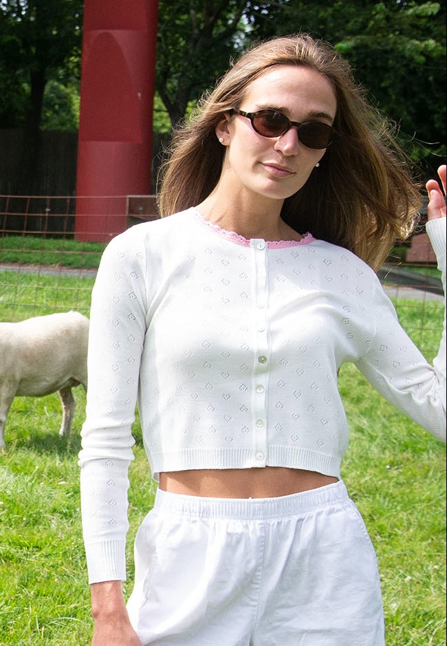 Polkadot CROP CARDIGAN - Ivory Hearts Pointelle w Pink Lace