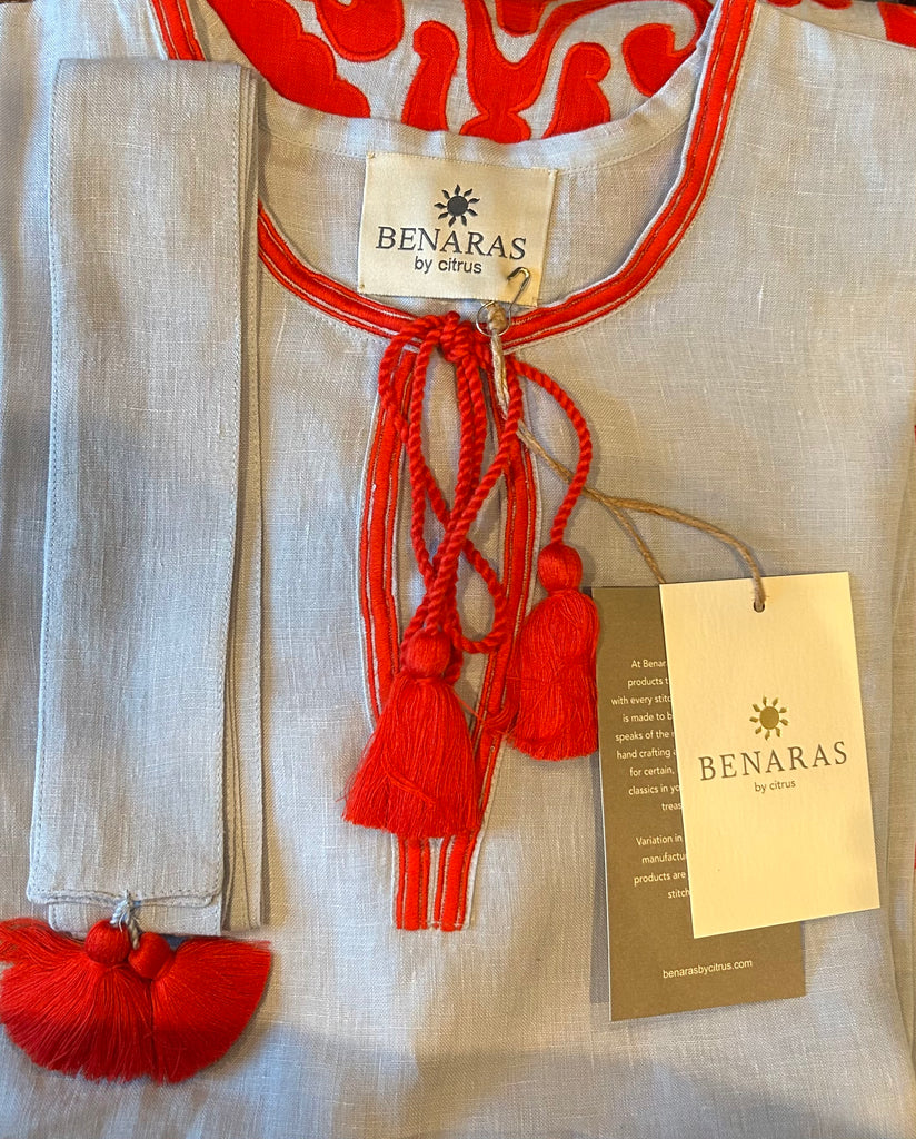 BENARAS~ Pale blue/red w Tahiti appliqué kaftan 24876