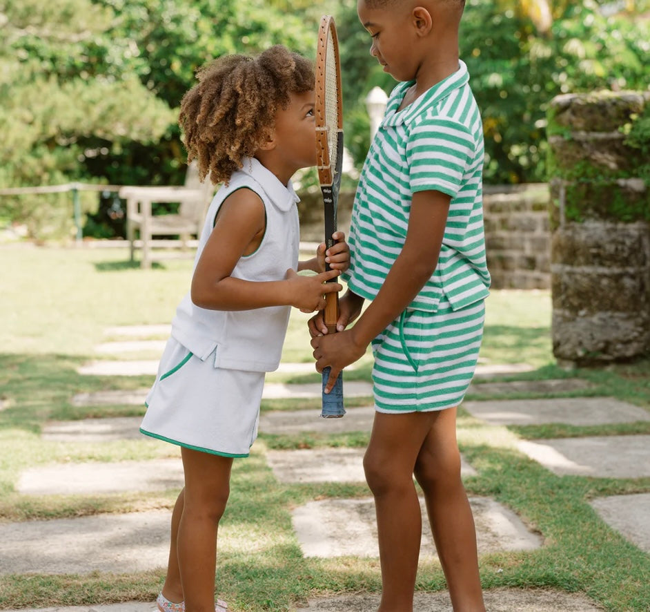 MINNOW~ Girls white French Terry top and skort set w green trim