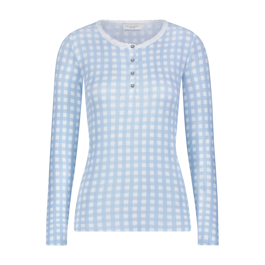 Polkadot HENLEY Fitted 4 Button w Lace - Blue Gingham Print