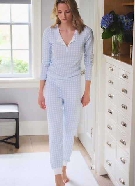 Polkadot HENLEY Fitted 4 Button w Lace - Blue Gingham Print
