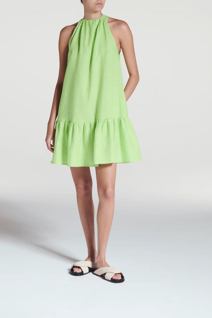 ASCENO~ Adana linen halter short dress w drop waist.