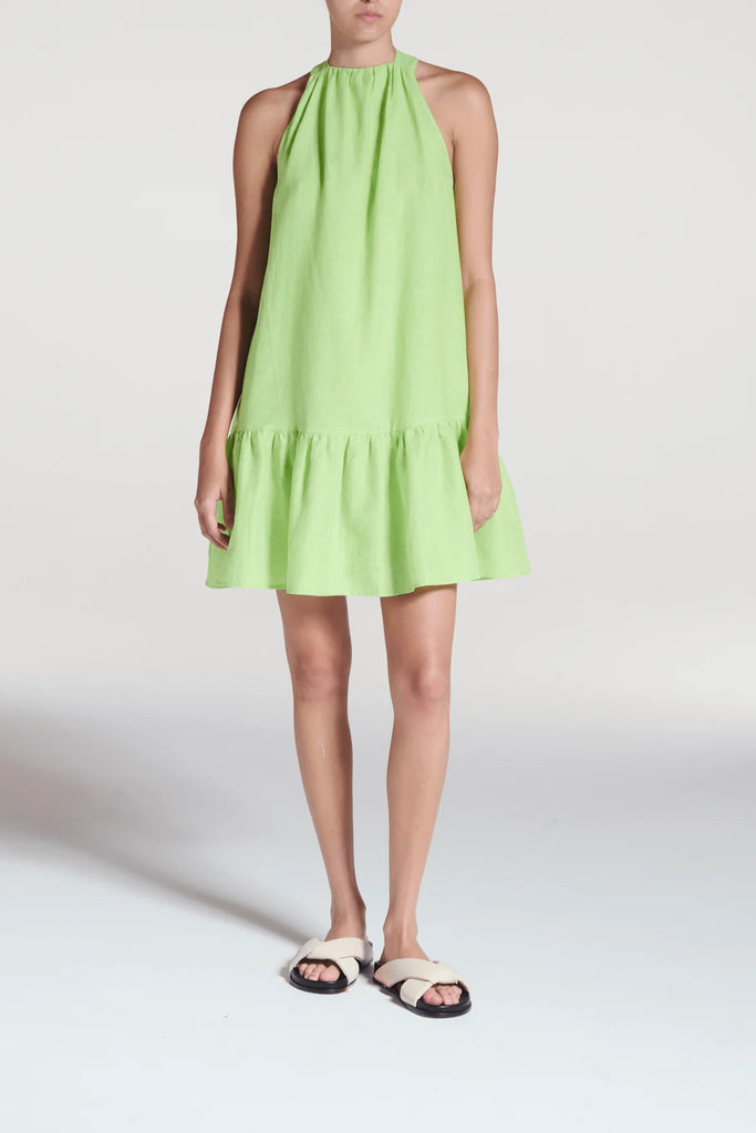 ASCENO~ Adana linen halter short dress w drop waist.