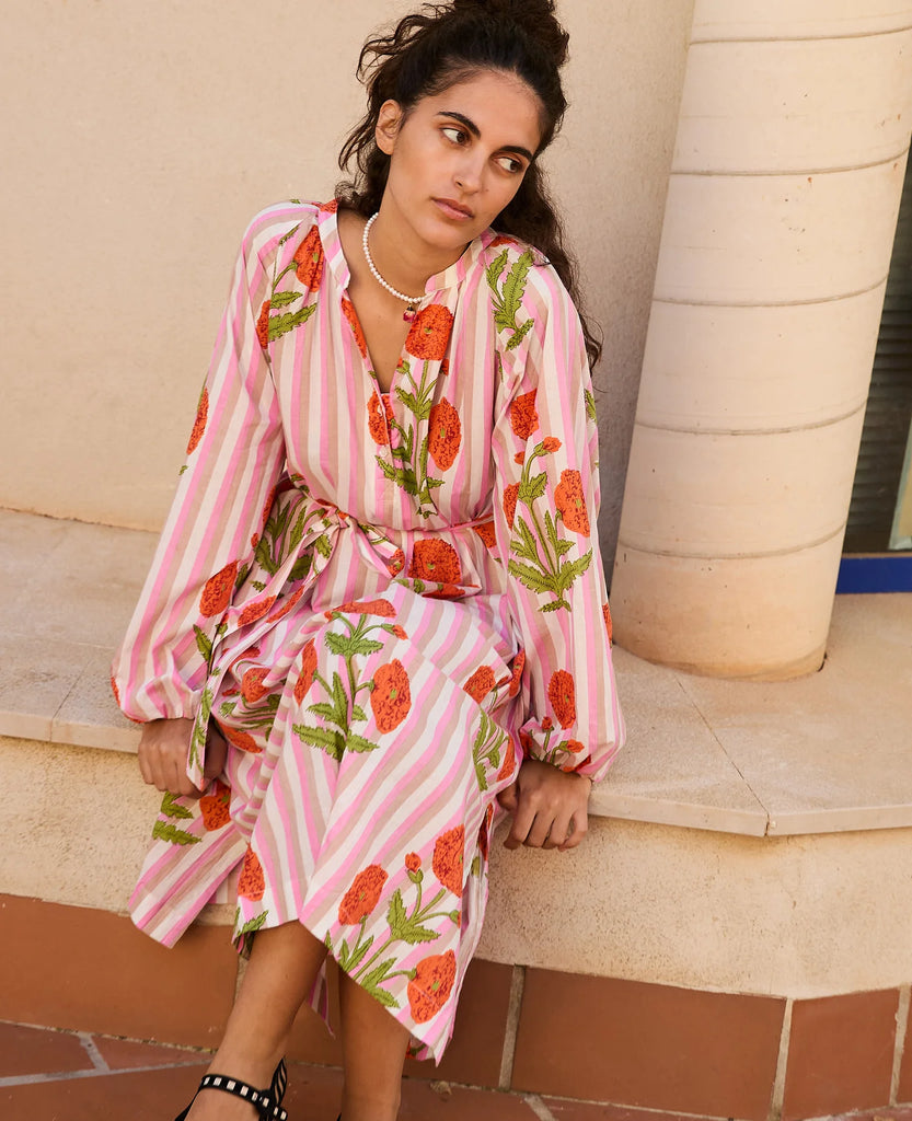 SISSEL EDELBO~ Blush stripe mandarin dress floral print