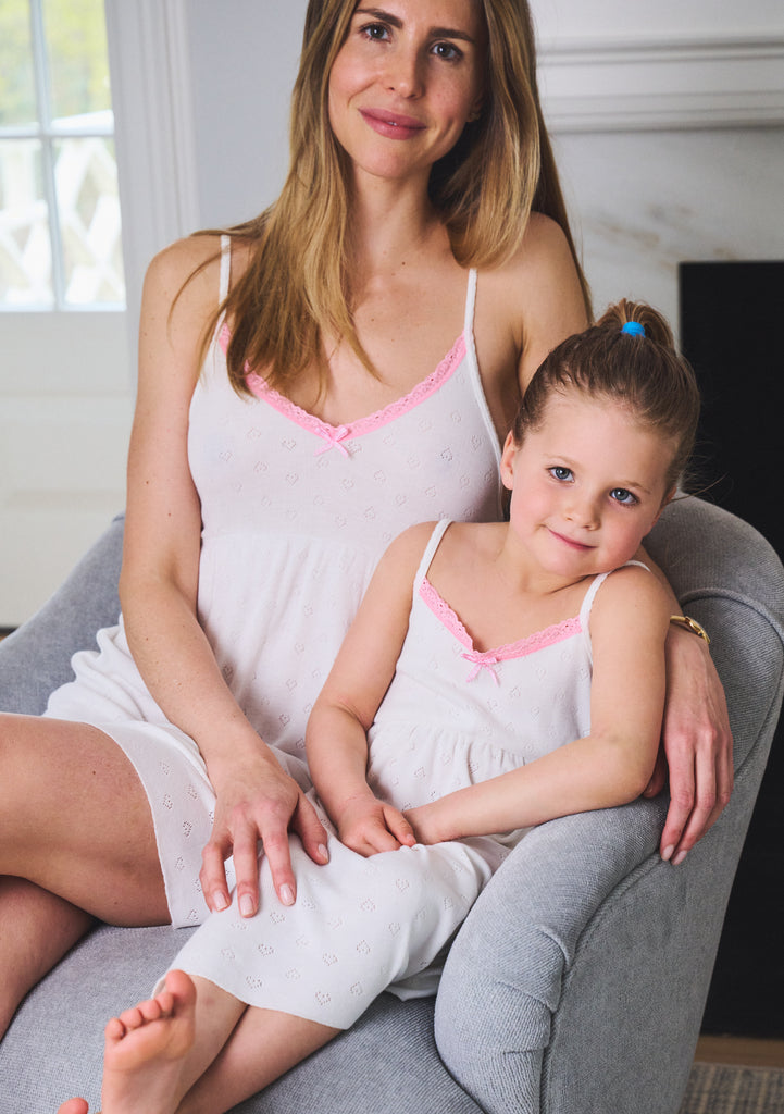 Polkadot BABYDOLL GOWN - Ivory Hearts Pointelle w Pink Lace