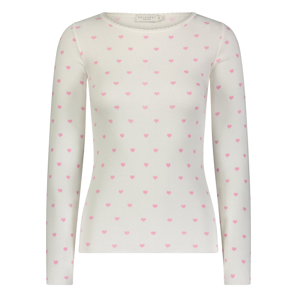 Polkadot VAL CREW Fitted Long Sleeve - Pink Hearts Print