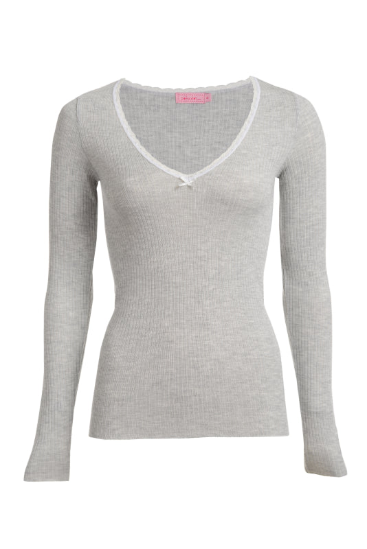 Polkadot V NECK Fitted Long Sleeve - Heather Grey Rib Knit -Restocked