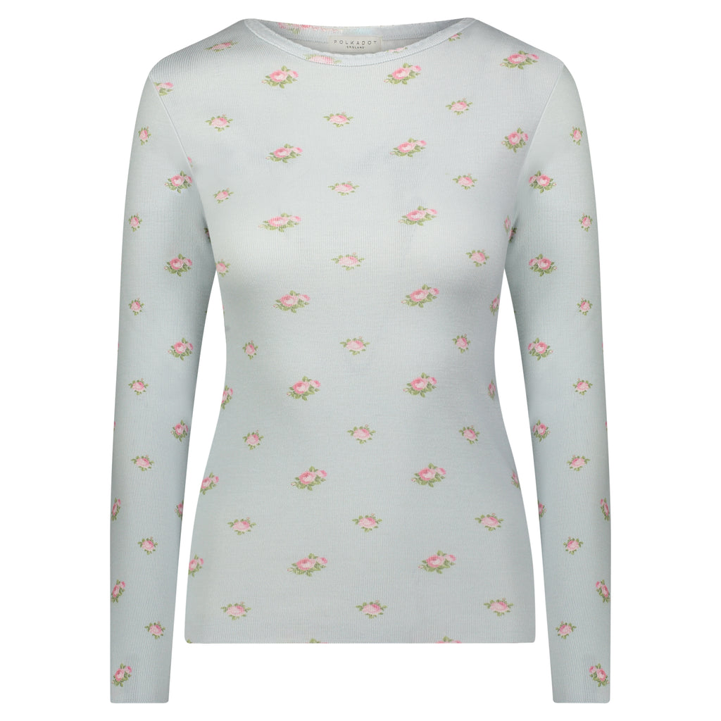 Polkadot VAL CREW Fitted Long Sleeve - Blue Ciel Rose Print