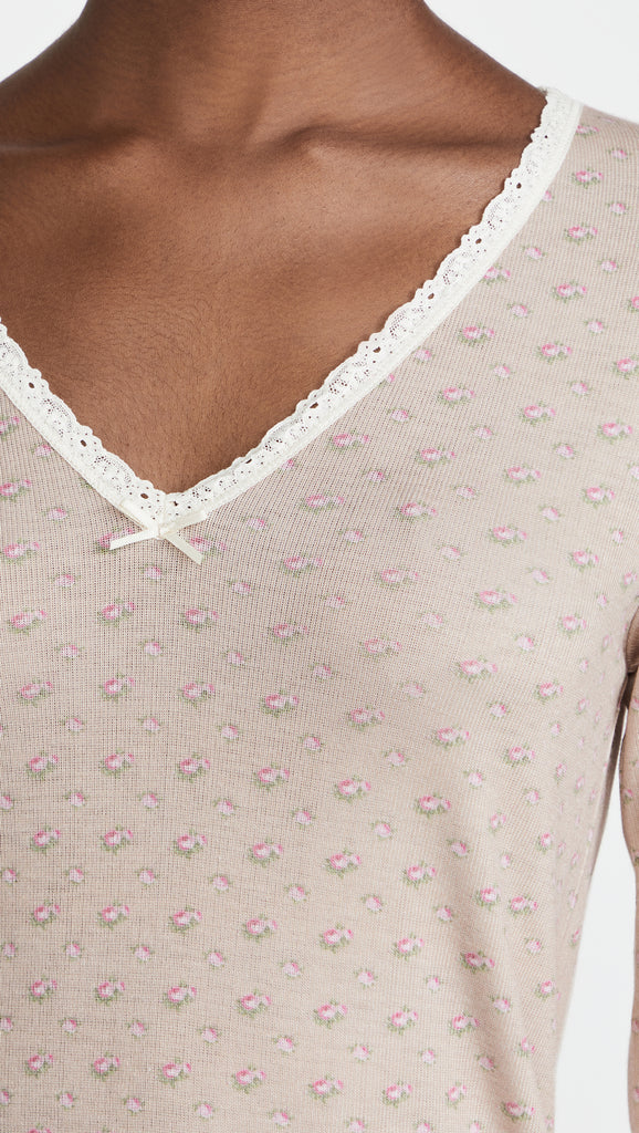 Polkadot TAUPE DITSY ROSE Print CHEMISE V Neck LS
