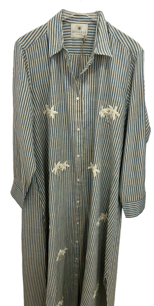 BENARAS~ Navy ivory long stripe shirtdress w beaded palm tree #25315