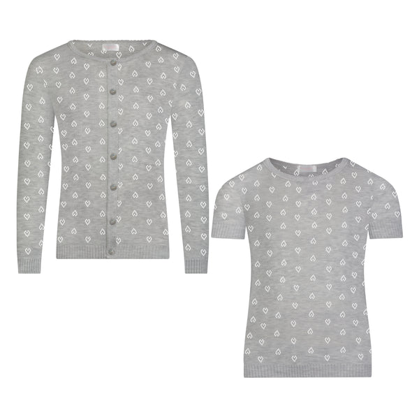 Girls Chloe Cardigan & Short Sleeve Tee Set - Heather Grey Hearts Pointelle