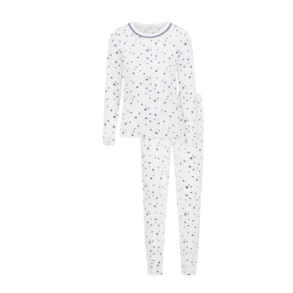 Polkadot KIDS & BABY SET Crew LS & Pant - Navy Stars Print on Ivory
