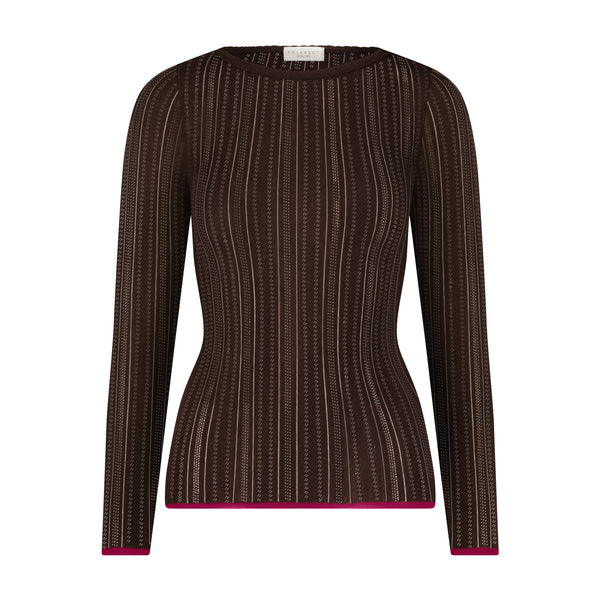 Polkadot VAL CREW Fitted Long Sleeve - Brown Windsor Pointelle w Mulberry Border