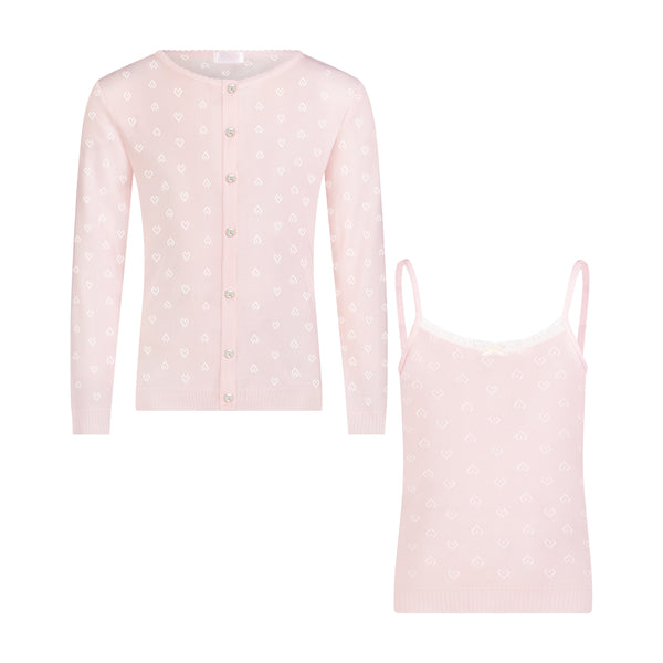 Polkadot Girls Lottie Set Cardigan & Cami - Ballet Pink Hearts Pointelle