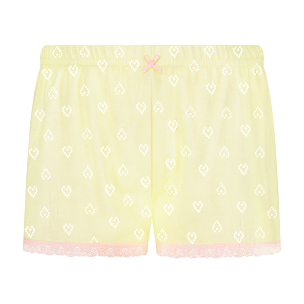 Polkadot GIRLS SHORT Lemon Yellow Vintage Hearts w Pink Lace