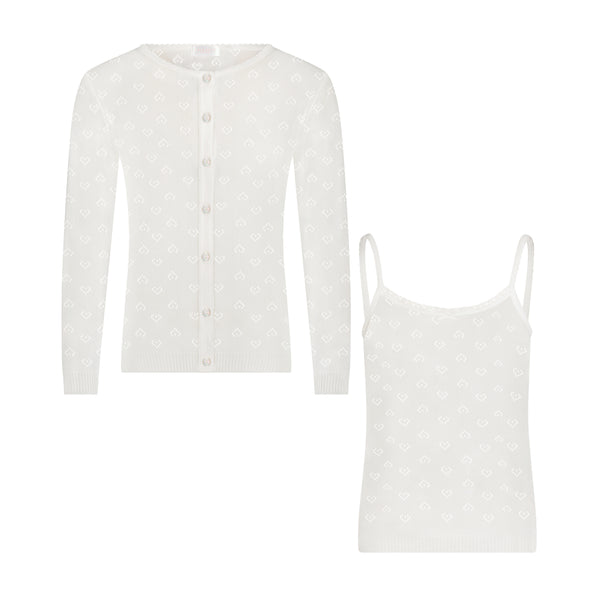 Polkadot Girls Lottie Set Cardigan & Cami - Ivory Hearts Pointelle