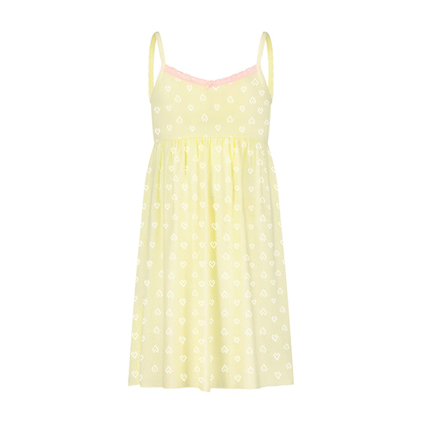 Polkadot GIRLS BABYDOLL GOWN Lemon Yellow Vintage Hearts w Pink Lace