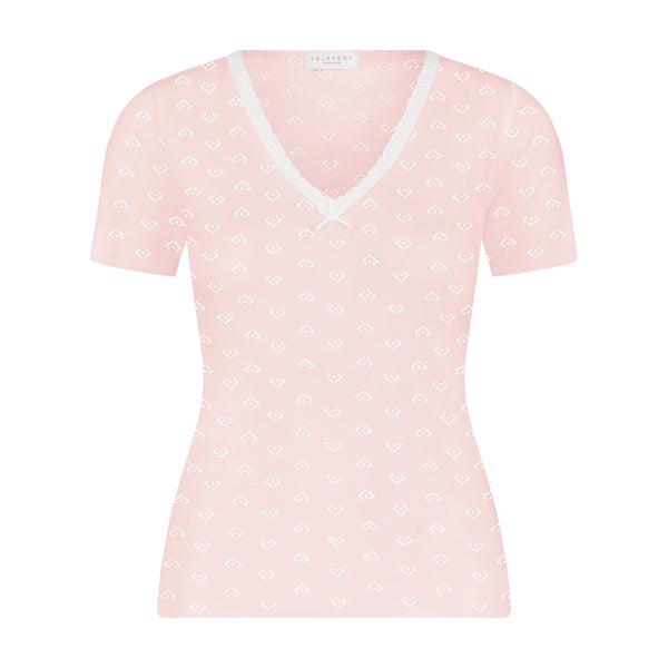 Polkadot V Neck Short Sleeve - Ballet Pink Hearts Pointelle -NEW