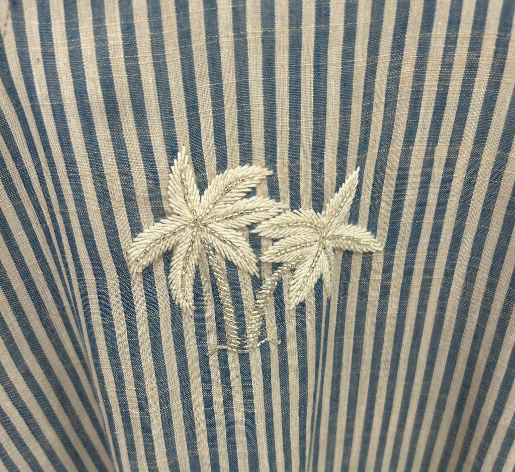 BENARAS~ Navy ivory long stripe shirtdress w beaded palm tree #25315