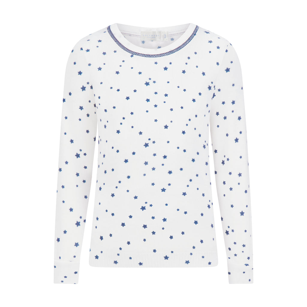 Polkadot KIDS & BABY SET Crew LS & Pant - Navy Stars Print on Ivory