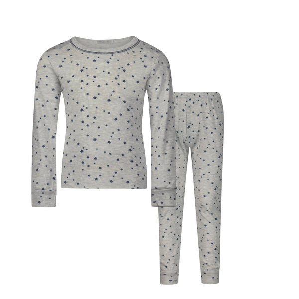 Polkadot BOYS & BABY SET Crew LS & Pant - Navy Stars Print on Heather Grey