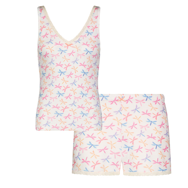 Polkadot SET V Neck Tank & Long Short Hi Rise - Dragonfly Print