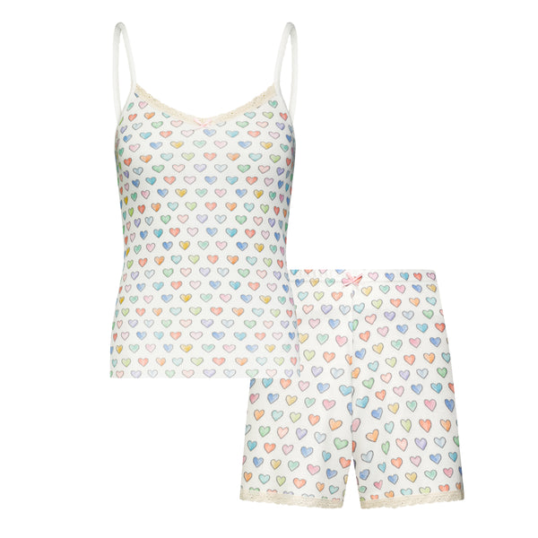 Polkadot SET Patti Cami & Long Short - Rainbow Hearts Print