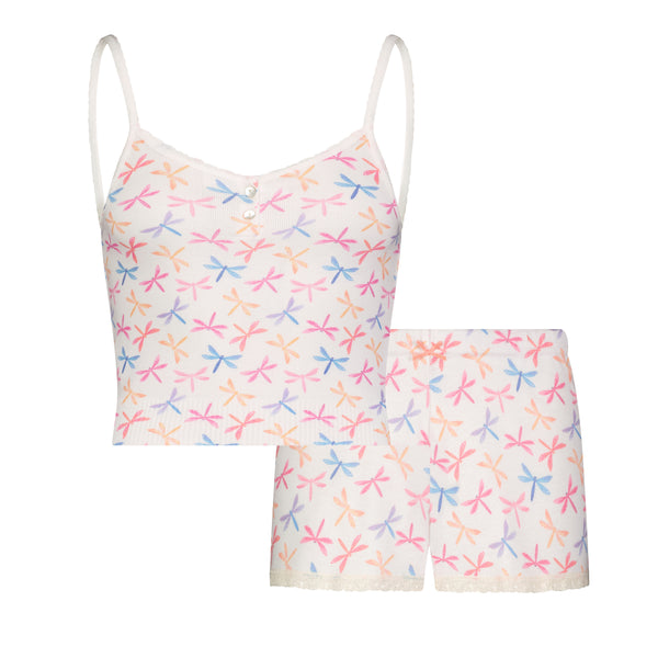 Polkadot SET Crop Henley Cami & Short Mid Rise - Dragonfly Print