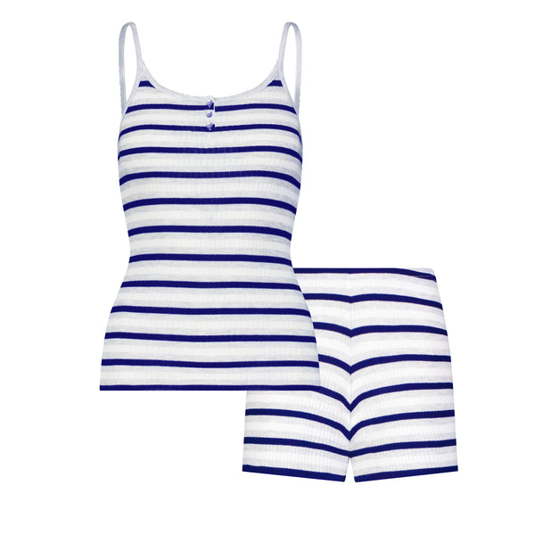 Polkadot SET Henley Cami & Long Short - Navy Lee Rib Stripe