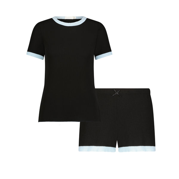 Polkadot SET Nan Slouchy Tee & Short Mid Rise - Black Rib Knit w Blue