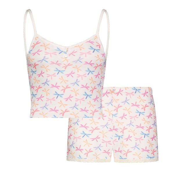 Polkadot SET Crop Henley Cami & Long Short Hi Rise - Dragonfly Print